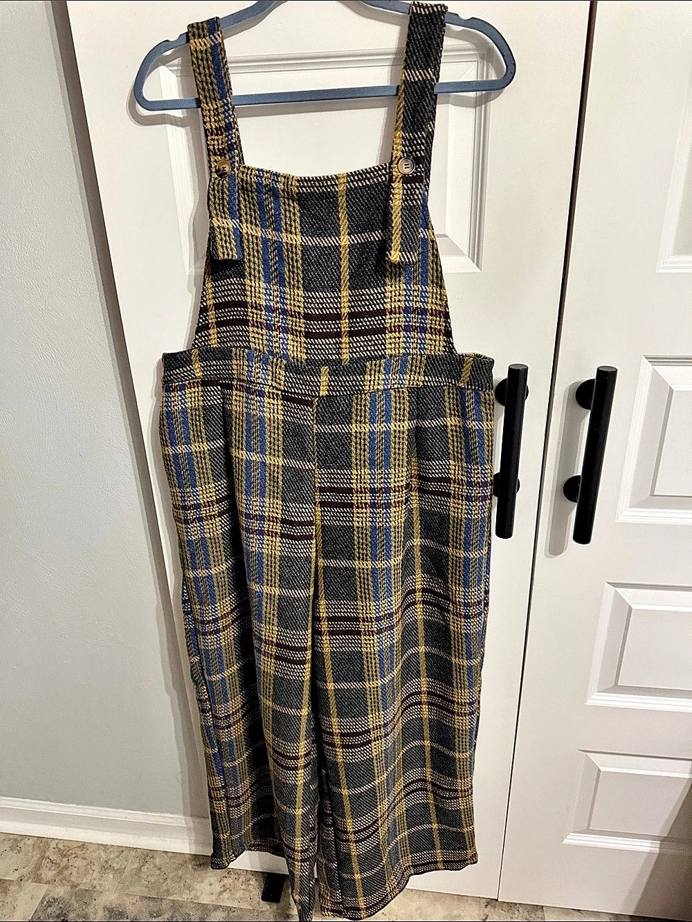 CIDER Tweed Plaid Button Up Wide Leg Jumpsuit Black & Yellow XL - Picture 2 of 8
